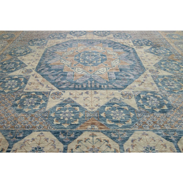 Gray Modern Mamluk Oversize Wool Rug With Geometric Blue Design For Sale - Image 9 of 9