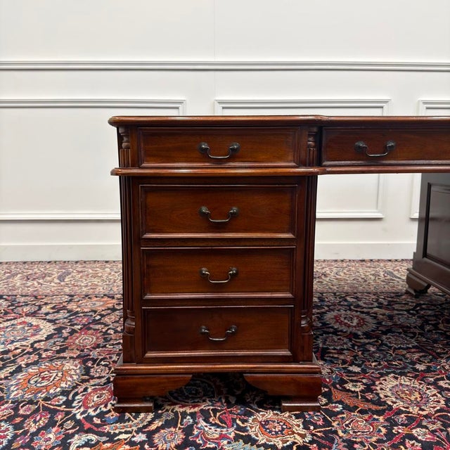 English Partner Desk with Green Leather For Sale - Image 9 of 18