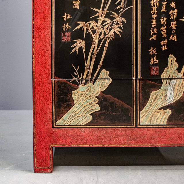 Vintage Chinese Red & Black Lacquered 2 Door Cabinet For Sale In Denver - Image 6 of 8