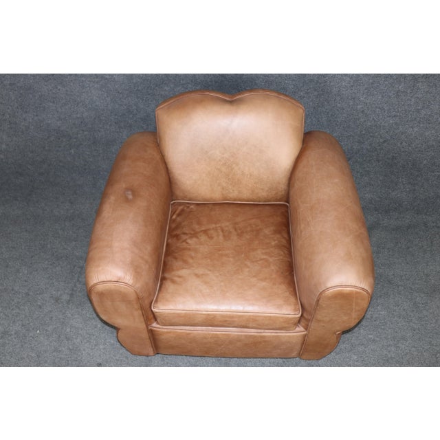 Pair Restored French Art Deco Style Leather Distressed Moustache Club Chairs For Sale - Image 12 of 14