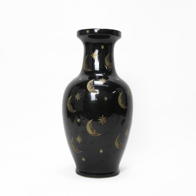 Art Deco Black Ceramic Vase With Gold Moon and Star Motif For Sale - Image 3 of 10