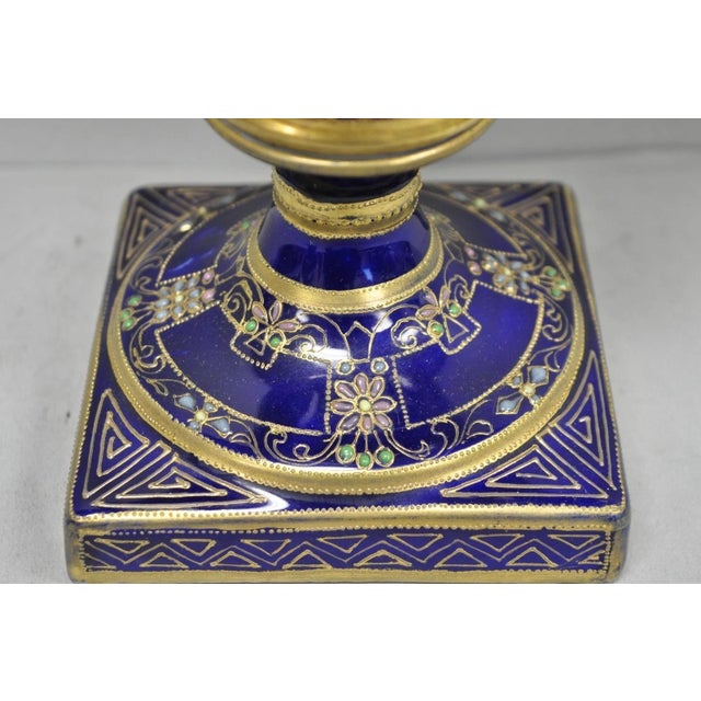 Antique Nippon Hand Painted Cobalt Blue Porcelain Twin Handle Bolted Urn Vase For Sale - Image 9 of 18