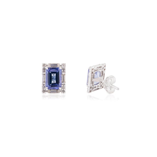 Not Yet Made - Made To Order 2.15ct Emerald Cut Tanzanite & Baguette Diamond Stud Earrings in 14k Gold- A Pair For Sale - Image 5 of 12