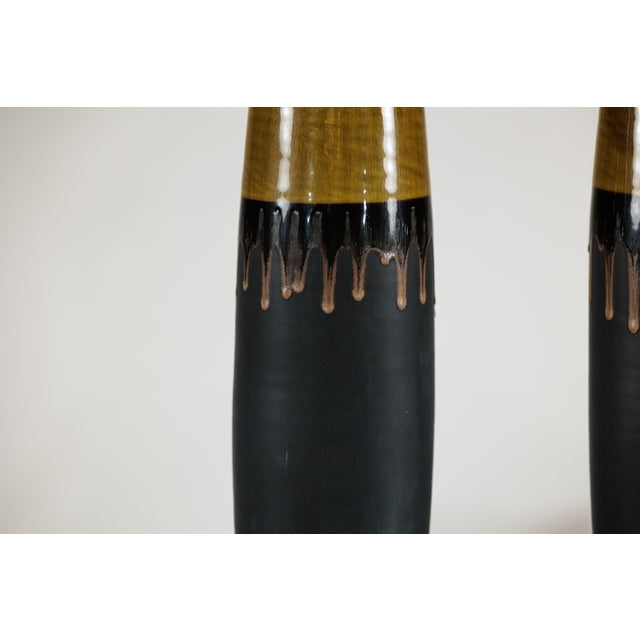 Artisan Slim Ochre and Black Ceramic Vases with Drip-Glaze Tops - A Pair For Sale - Image 9 of 18