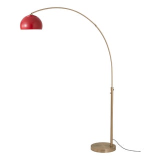 Half Dome 92" Arc Lamp, Mid-Century Modern, Weathered Brass, Crimson Red Steel Shade, Dimmable For Sale