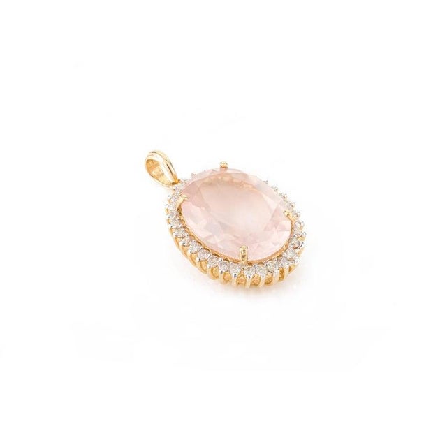 6.81 Ctw Faceted Rose Quartz Statement Pendant With Diamonds For Sale - Image 4 of 10