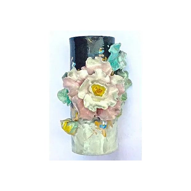 Antique Edouard Gilles French Barbotine vase with large floral relief roses and foliage applied on a mottled cylindrical...