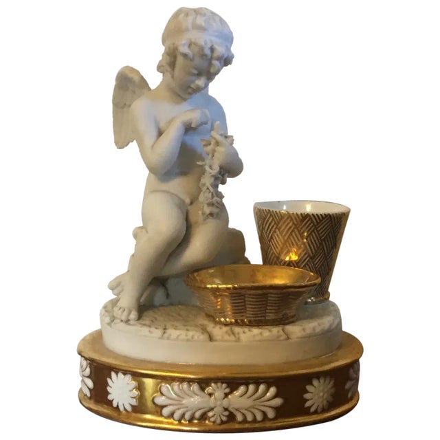 Antique Early 19th Century French Empire Porcelain Inkwell in Gold & White Featuring a Cherub For Sale - Image 13 of 13