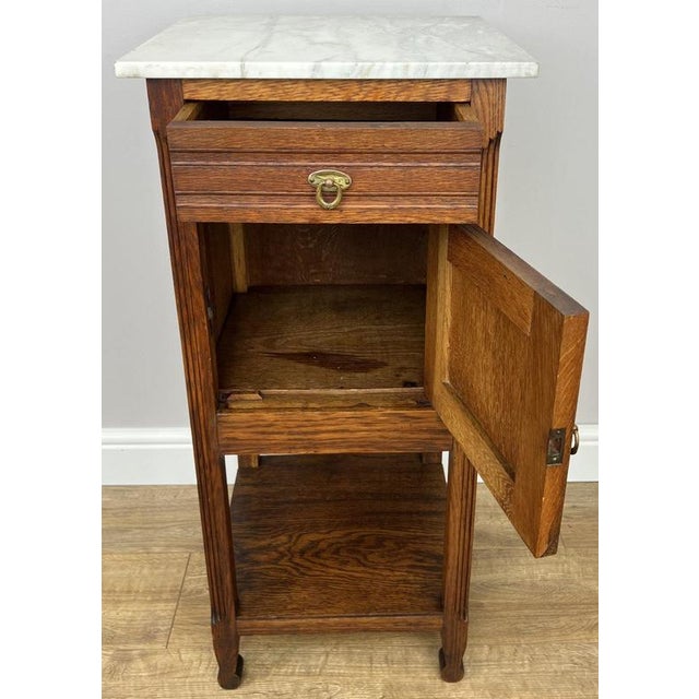 Brown Antique French Oak Bedside Table with Marble Top For Sale - Image 8 of 11