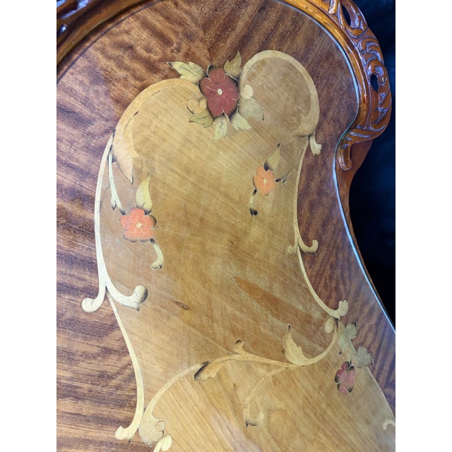 Vintage French Provincial Marquetry Inlay Serpentine Kidney Coffee Table With Glass Top For Sale - Image 4 of 12