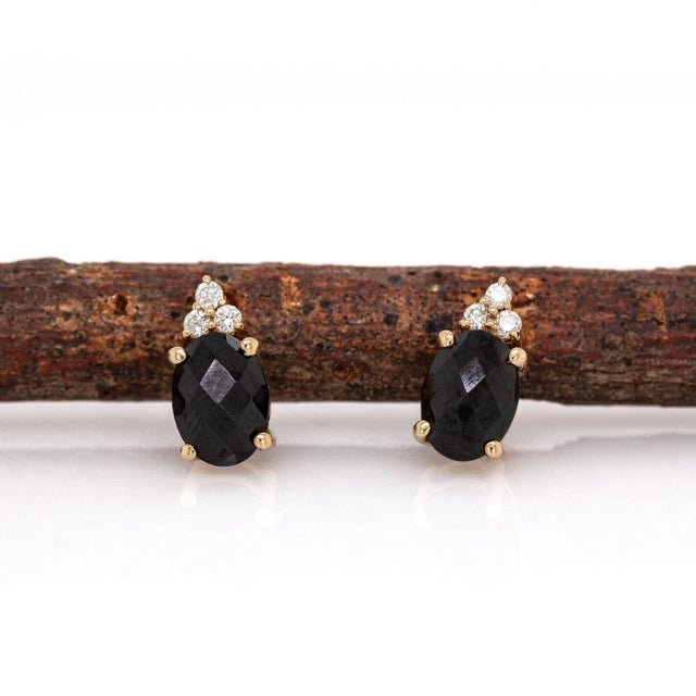 Contemporary Oval Shaped Black Spinel Stud Earrings in 14k Solid Gold With Natural Diamonds- 2 Pieces For Sale - Image 3 of 7