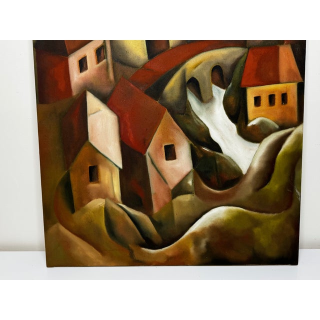 Terry Kane (Terence Matthew Kane, 1970–2015) After Picasso (Cubist-Influenced) Cascading Hillside Village Original Oil on...