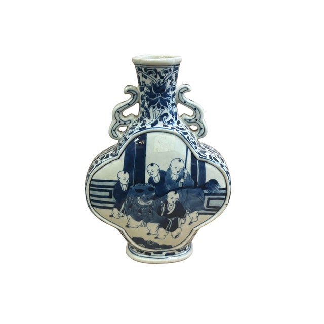 Chinese Blue White Porcelain MoonFlask Scenery Graphic Art Vase For Sale - Image 15 of 15