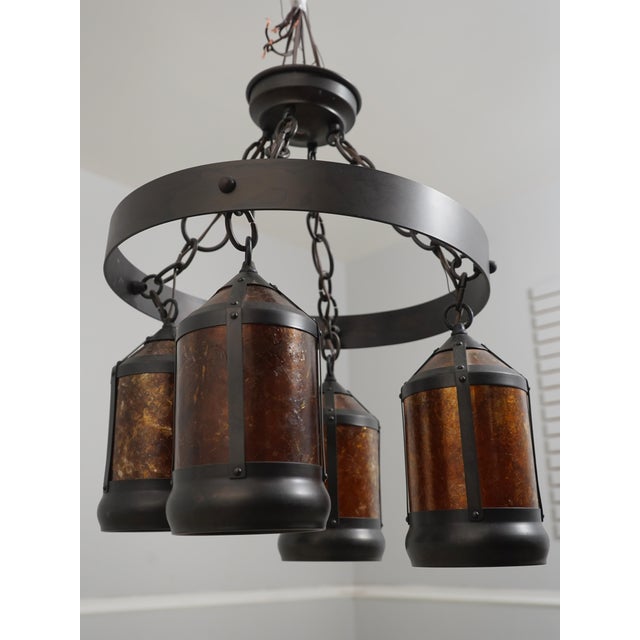 Age: Approx. 20 Years Old Details: Bronze Finish Hanging Lantern Design Mica Shades Arts & Crafts Style Ceiling Mount w....