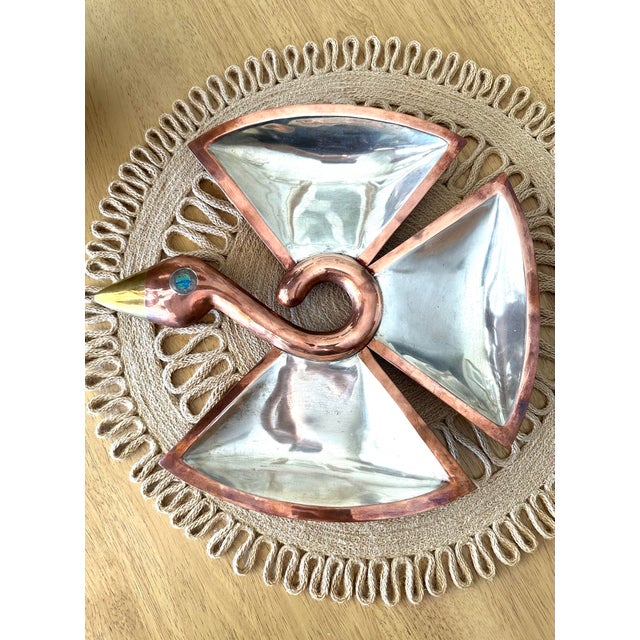 This is such a pretty bird dish! Copper rimmed silver dishes creating wings of a copper bird. Long copper head with a gold...