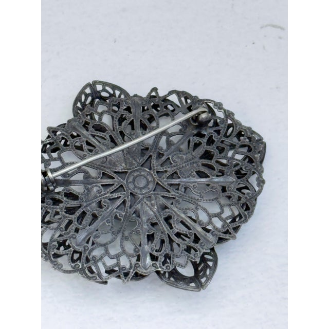 1960s Vintage 1960s Victorian Revival Filigree Floral Brooch Green Cabochon Statement Pin For Sale - Image 5 of 12