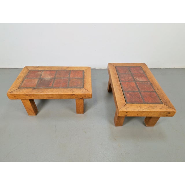 Brutalist Oak Side Table with Terracotta Tiles, 1950s, Set of 2 For Sale - Image 13 of 13
