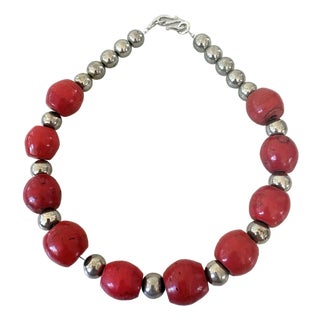 Sherpa Coral and Silver Beaded Necklace For Sale