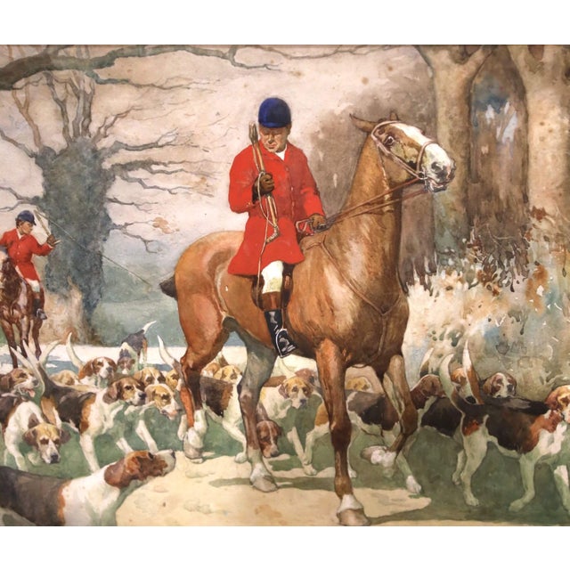 Army Green Early 20th Century English Fox Hunting Watercolor by Edwin Noble in Gilt Frame For Sale - Image 8 of 13