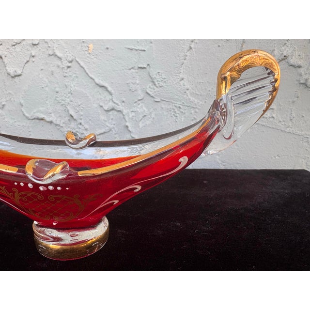 1960s Vintage Murano Red Art Glass Venetian Gondola Ashtray With Gold & White Detailing For Sale - Image 5 of 10