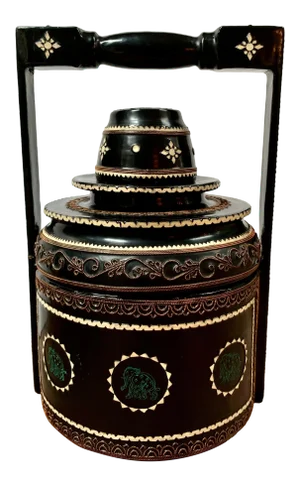 Vintage Burmese Lacquered Tiffin Food Carrier / Stacking Lunch Box