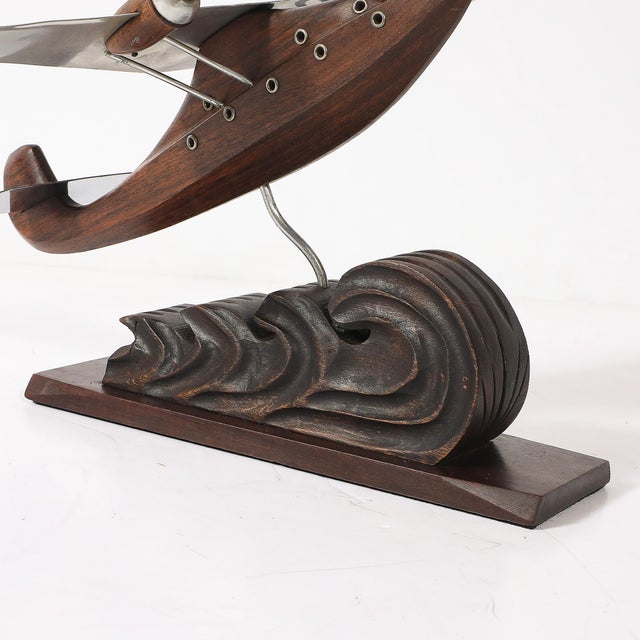 Wood Art Deco Anthoine Art Bois Carved Wood and Metal Seaplane Model on Stand For Sale - Image 7 of 14