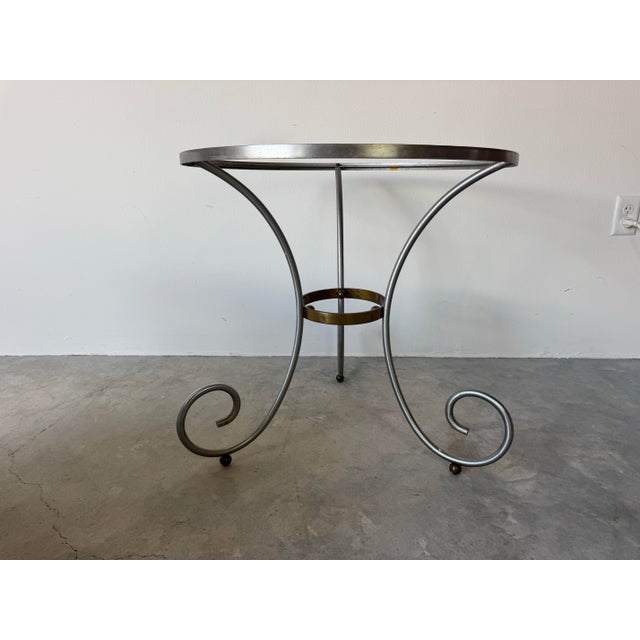 Beige Italian Hollywood Regency Maison Jansen–Style Chrome & Brass Accent Table With Travertine Marble Top For Sale - Image 8 of 12