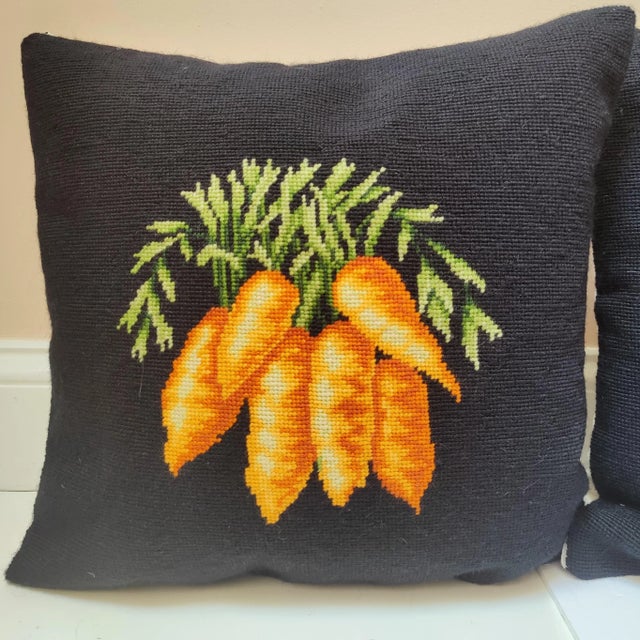 This is a beautiful pair of wool hand-stitched needlepoint pillows with a vegetable motif. They have carrots on one and...