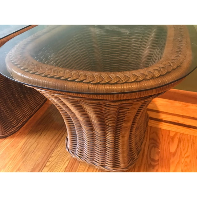 Coffee Set Three 1970's Coastal Braided Wicker Coffee Table & 2 Sides Tables With Glass Top For Sale - Image 8 of 11