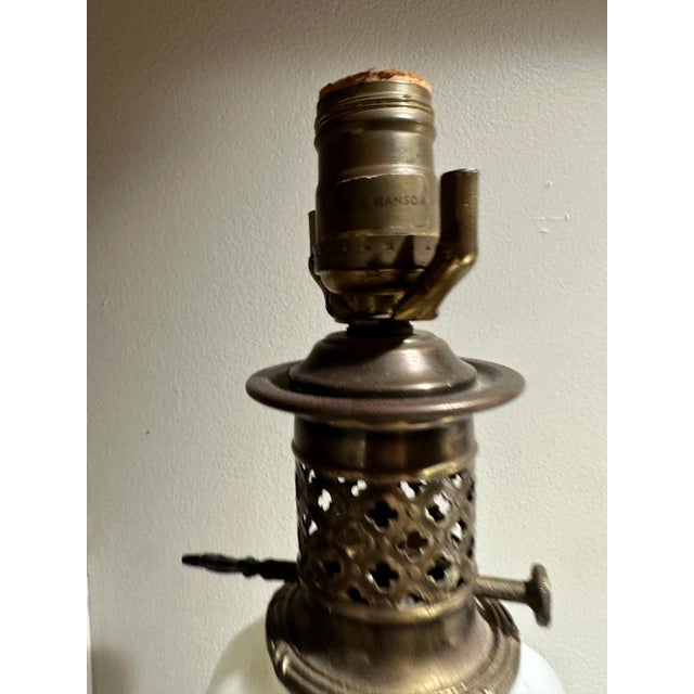 Paul Hanson 1940s Paul Hansen Opaline Milk Glass Ormolu White Table Lamp, Pierced, Lattice Bronze For Sale - Image 4 of 5