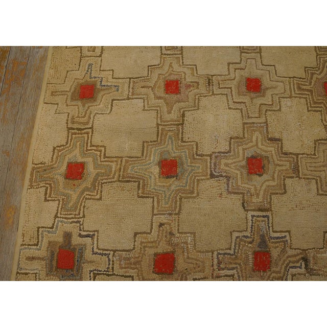American 1900s Brown Geometric Folk Art Antique American Hooked Rug Knotted Wool Carpet For Sale - Image 3 of 9