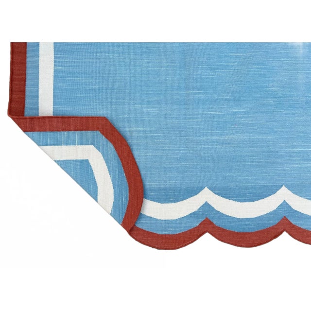 Casa Cosima Handmade Cotton Area Rug Natural Vegetable Dyed Flat Weave Sky Blue Scalloped Rug Terracotta Border - 10'x14' For Sale - Image 4 of 11