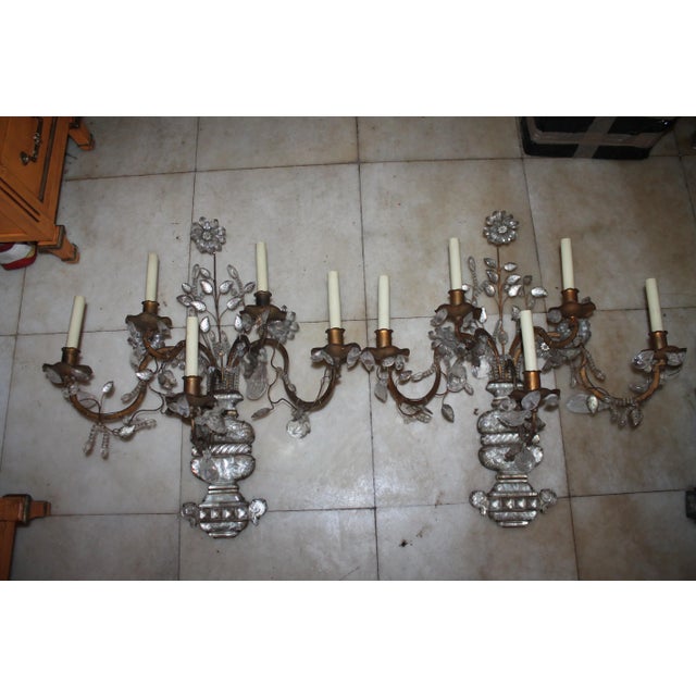 Pair of XL French Regency Rock Crystal Wall Sconces by Maison Bagues Paris c1930's. Patinated iron and 5 lights. Very...