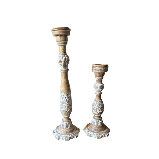Pair of Hand-Carved Wooden Floor Candlesticks, Whitewashed Finish (30” and 22” Tall) For Sale - Image 4 of 6