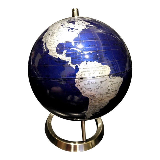 Vinatge MCM Drexel Heritage World Dark Blue & Silver Globe W/Chrome Metal Base For Sale