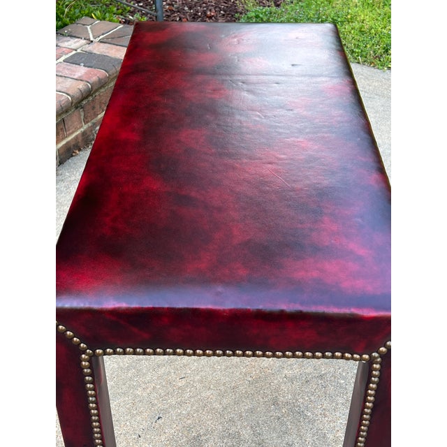 Wood 1970s Vintage Red Leather Wrapped Table With Brass Nailhead Trim For Sale - Image 7 of 12