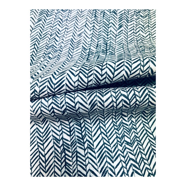 Peter Fasano Twiggy Nocturne Navy Blue Aqua Cream Linen Cotton Abstract Geometric Upholstery Drapery Fabric For Sale