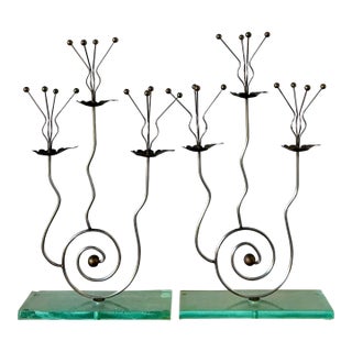 Vintage Postmodern Three Candle Candelabra After Tony Evans - A Pair For Sale