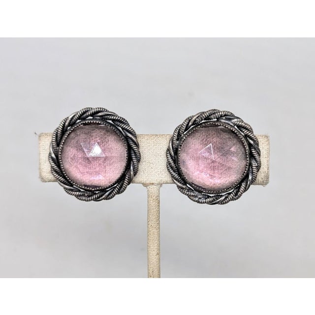 Vintage 1950s Signed Napier Round Silvertone Faux-Amethyst Clip Earrings- 2 Pieces For Sale In Philadelphia - Image 6 of 8