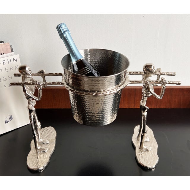 Macabre Chrome Metal Champagne Ice Bucket With Skeleton Pallbearers For Sale - Image 4 of 9