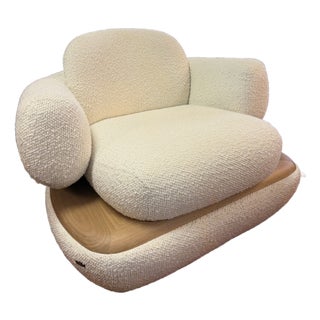 Custom Cream Color Boucle and Wood Lounge Chair For Sale