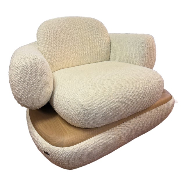 Custom Cream Color Boucle and Wood Lounge Chair For Sale