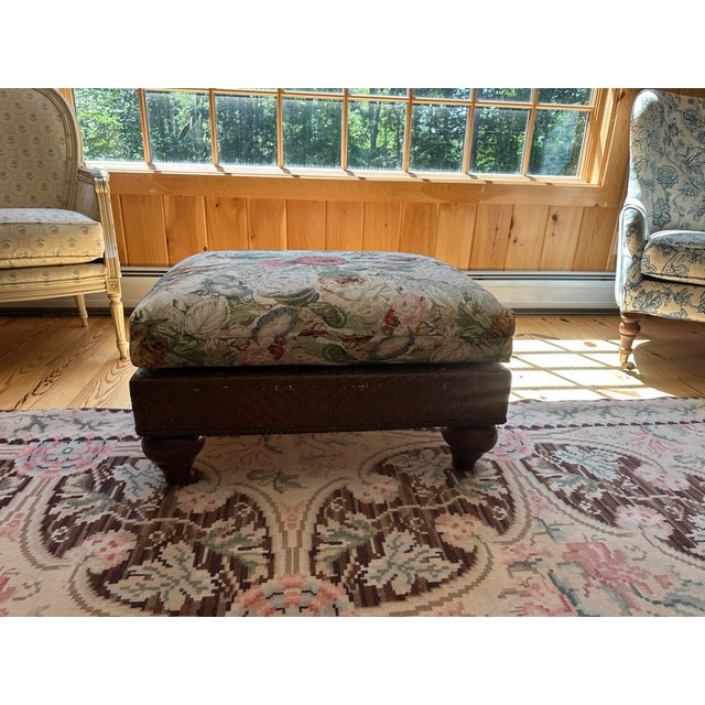 Lexington Woven Sofa With Floral Cushions With Matching Chair and Ottoman For Sale - Image 15 of 17