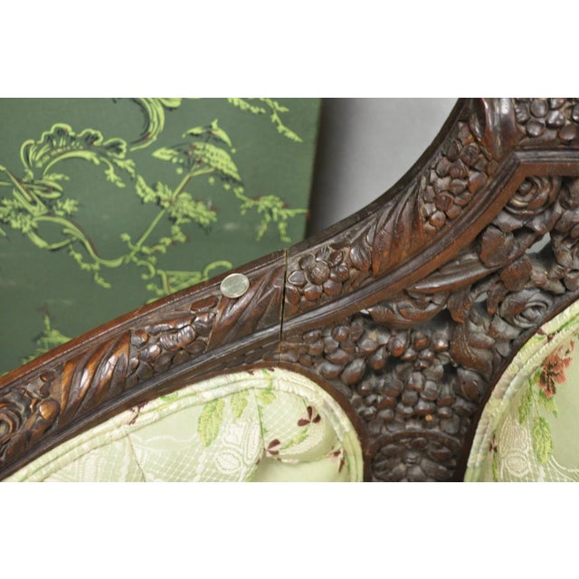 Antique Italian Renaissance Carved Walnut French Victorian Rams Head Green Sofa For Sale - Image 18 of 18