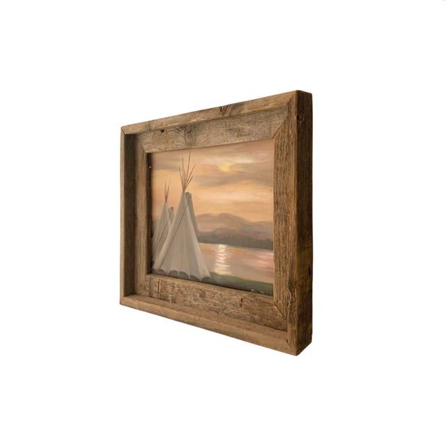 Native American Painting Teepee by Sunset Oil on Canvas Signed Elaine Rhoades Vintage Native Art For Sale - Image 3 of 6