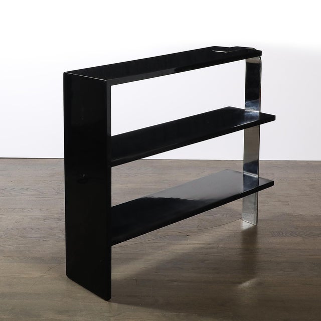 Art Deco Streamlined 3-Tier End Table/Bookcase in Black Lacquer W/ Curved Chrome For Sale - Image 10 of 12