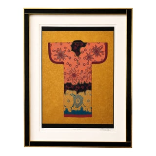 Vintage Signed Limited Edition Floral Gold & Pink Kimono Lithograph Art For Sale