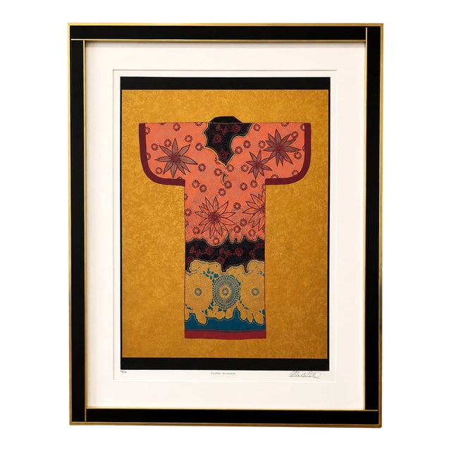 Vintage Signed Limited Edition Floral Gold & Pink Kimono Lithograph Art For Sale