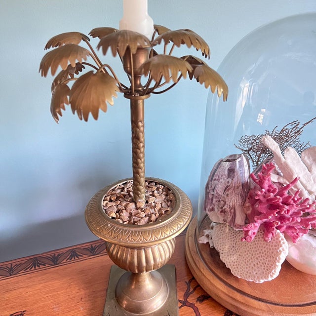 1960s Brass palm tree candlestick // brass palm tree in urn // single candleholder // Vintage Hollywood Regency Decor For Sale - Image 5 of 12