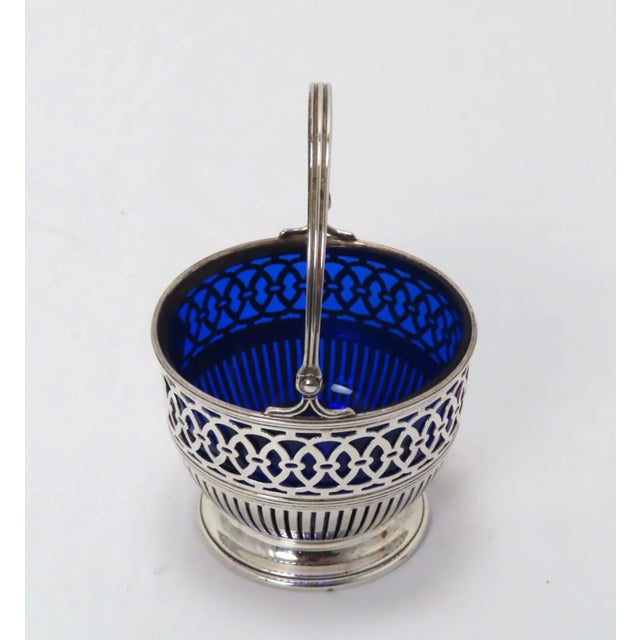 Antique Edwardian Sterling Silver With Cobalt Glass Nuts & Candy Basket For Sale - Image 4 of 13